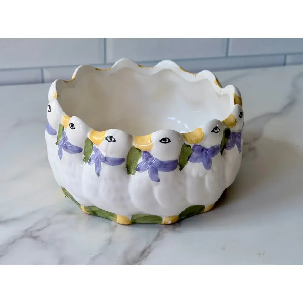 Vintage Hand Painted Ceramic Duck Bowl | Cottagecore Farmhouse Bluebell Floral